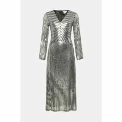 Warehouse Petite Sequin Stripe Plunge Maxi Dress For Female -Warehouse Sales Store unnamed file 3315