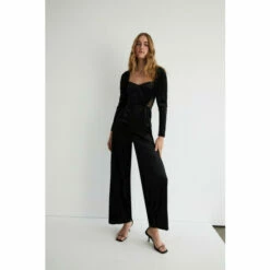Warehouse Velvet Lace Mix Square Neck Wide Leg Jumpsuit For Female