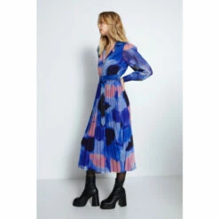 Warehouse Abstract Revere Collar Belted Pleat Chiffon Midi Dress For Female -Warehouse Sales Store unnamed file 3363