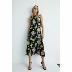 Warehouse Floral Fluted Hem Crepe Midi Dress For Female