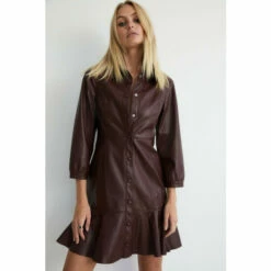 Warehouse Pu Fluted Hem Shirt Dress For Female -Warehouse Sales Store unnamed file 3519