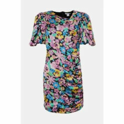 Warehouse Floral Slash Neck Ruched Front Mini Dress For Female -Warehouse Sales Store unnamed file 3566