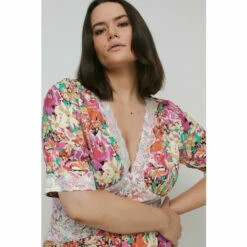 Warehouse Plus Size Satin Lace Tea Midi Dress In Floral For Female