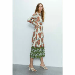 Warehouse Pleated Floral Border Print Zip Collar Midi Dress For Female -Warehouse Sales Store unnamed file 3721