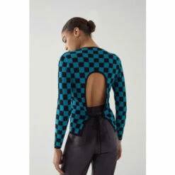 Warehouse Checkerboard Jacquard Open Back Knit Jumper For Female -Warehouse Sales Store unnamed file 3819