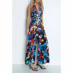 Warehouse Floral Print Velvet Halter Neck Wide Leg Jumpsuit For Female -Warehouse Sales Store unnamed file 3829