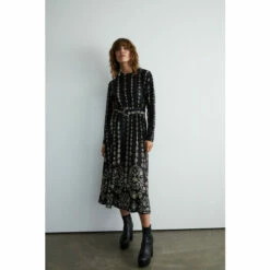 Warehouse Border Print Pleated D-ring Midi Dress For Female