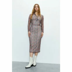 Warehouse Floral Print Mesh Ruched Shirt Midi Dress For Female