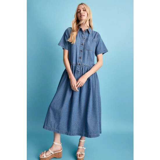 Warehouse Denim Dropped Waist Midi Shirt Dress For Female 8 Warehouse Denim Dropped Waist Midi Shirt Dress For Female - Image 6