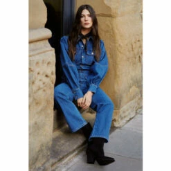 Warehouse Denim Puff Sleeve Pocket Front Jumpsuit For Female