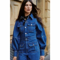 Warehouse Denim Puff Sleeve Pocket Front Jumpsuit For Female -Warehouse Sales Store unnamed file 4026