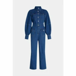 Warehouse Denim Puff Sleeve Pocket Front Jumpsuit For Female -Warehouse Sales Store unnamed file 4027