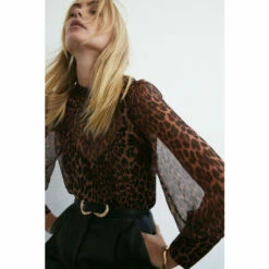 Warehouse Petite Recycled Polyester Animal High Neck Blouse For Female