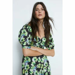 Warehouse Floral Printed Ruched Sleeve Pleated Midi Dress For Female -Warehouse Sales Store unnamed file 4101