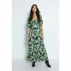 Warehouse Floral Printed Ruched Sleeve Pleated Midi Dress For Female -Warehouse Sales Store unnamed file 4104
