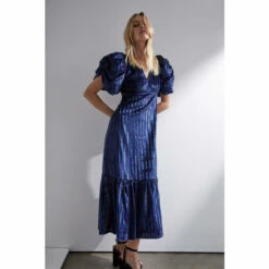 Warehouse Stripe Velvet V Neck Tiered Midi Dress For Female