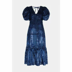 Warehouse Stripe Velvet V Neck Tiered Midi Dress For Female -Warehouse Sales Store unnamed file 4138