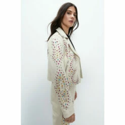 Warehouse Kara Rose Real Leather Studded Biker Jacket For Female