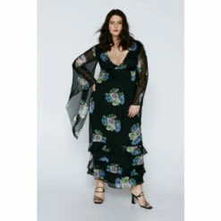 Warehouse Plus Waterfall Sleeve Plunge Floral Maxi Dress For Female