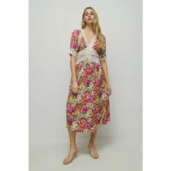 Warehouse Satin Lace Tea Midi Dress In Floral For Female