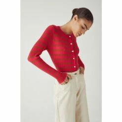 Warehouse Ribbed Stripe Puff Sleeve Knit Cardigan For Female -Warehouse Sales Store unnamed file 4548