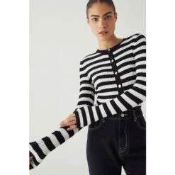 Warehouse Ribbed Stripe Puff Sleeve Knit Cardigan For Female -Warehouse Sales Store unnamed file 4549