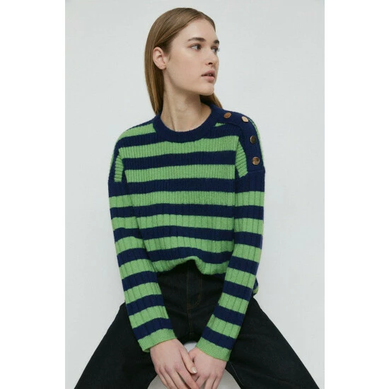 Warehouse Wide Rib Stripe Button Knit Jumper For Female 4 Warehouse Wide Rib Stripe Button Knit Jumper For Female - Image 2