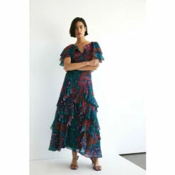 Warehouse WH X William Morris Society Sparkle Ruffled Midi Dress For Female