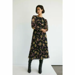 Warehouse Recycled Floral Pleated Chiffon Belted Midi Dress For Female