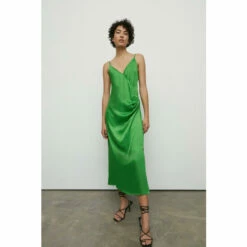 Warehouse Petite Satin Wrap Ruched Slip Midi Dress For Female