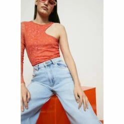 Warehouse One Shoulder Recycled Mesh Printed Top For Female -Warehouse Sales Store unnamed file 4969