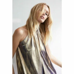 Warehouse Metallic Lame Pleated Halter Neck Top For Female
