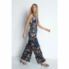 Warehouse Art Print Velvet Halter Neck Wide Leg Jumpsuit For Female