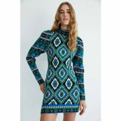 Warehouse Tile Border Jacqaurd Knit Dress For Female