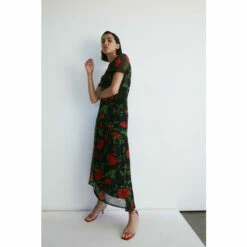 Warehouse Floral Mesh Ruched Drop Tiered Midi Dress For Female