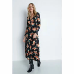 Warehouse Petite Printed Velvet Plunge Neck Midi Dress For Female