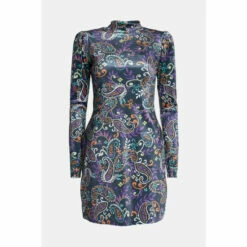 Warehouse Paisley Print Velvet Funnel Neck Mini Dress For Female -Warehouse Sales Store unnamed file 692