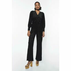Warehouse Petite Velvet Metallic Spot Balloon Sleeve Jumpsuit For Female