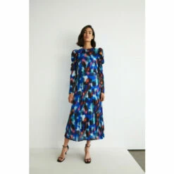Warehouse Abstract Pleated Puff Sleeve Maxi Dress For Female