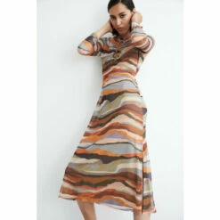 Warehouse Abstract Print Keyhole Mesh Midi Dress For Female