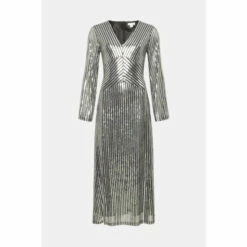 Warehouse Sequin Stripe Plunge Maxi Dress For Female -Warehouse Sales Store unnamed file 983