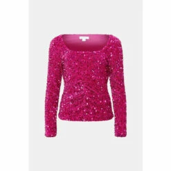 Warehouse Velvet Sequin Ruched Front Scoop Neck Top For Female -Warehouse Sales Store unnamed file 988