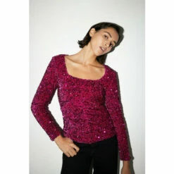 Warehouse Velvet Sequin Ruched Front Scoop Neck Top For Female -Warehouse Sales Store unnamed file 989